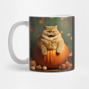 Retro Vintage: Chubby Cat and Pumpkin - Whimsical Autumn Halloween Delight Mug